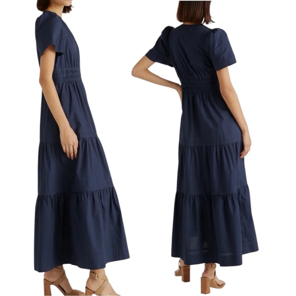 NWT Quince 100% Organic Cotton Poplin Tiered Maxi Dress Navy Blue - Picture 3 of 13